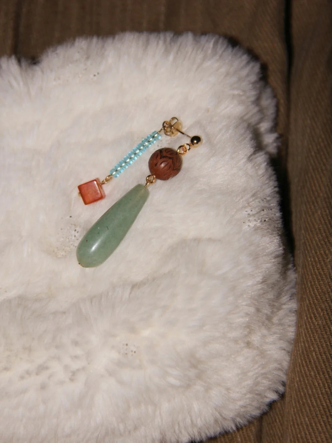 Natural Jade Wood Beaded Asymmetry Drop Earrings