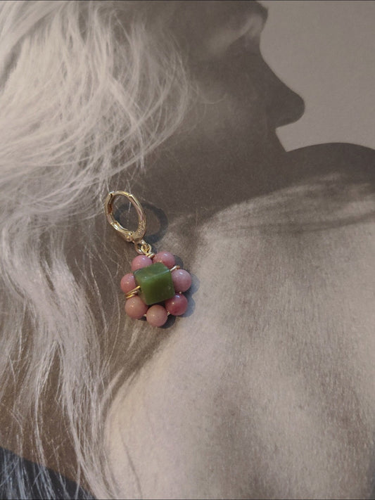 Summer Girly Pink Green Flower Earrings