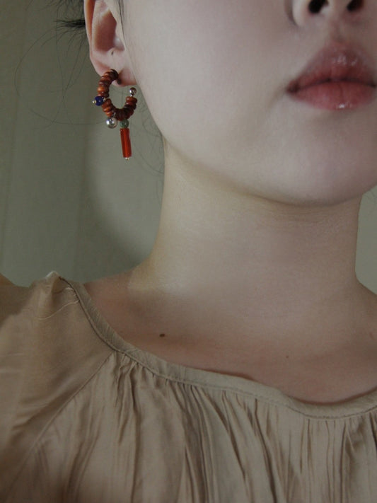 Sandalwood Red Agate Jade Beaded Hoop Earrings