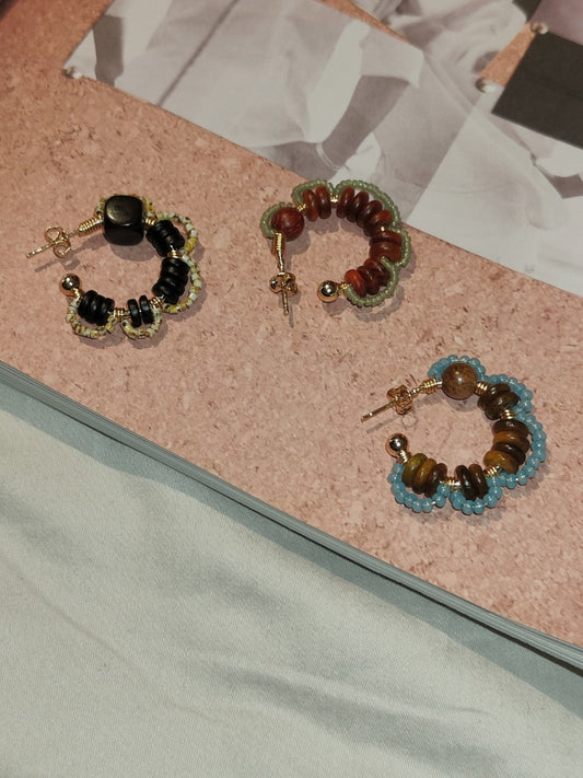 Sandalwood Flower Beaded Hoop Earrings