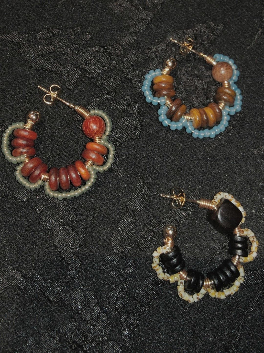 Sandalwood Flower Beaded Hoop Earrings