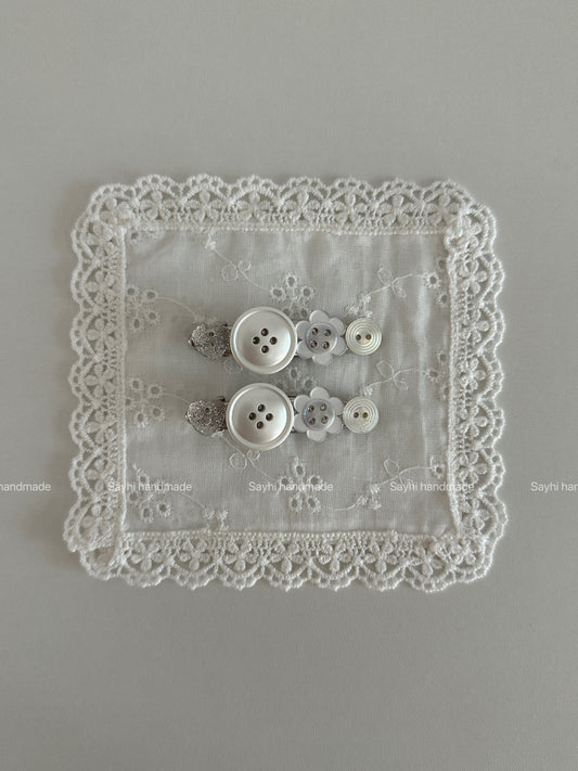 Silver White Button Flower Hair Clips - SH5126YI