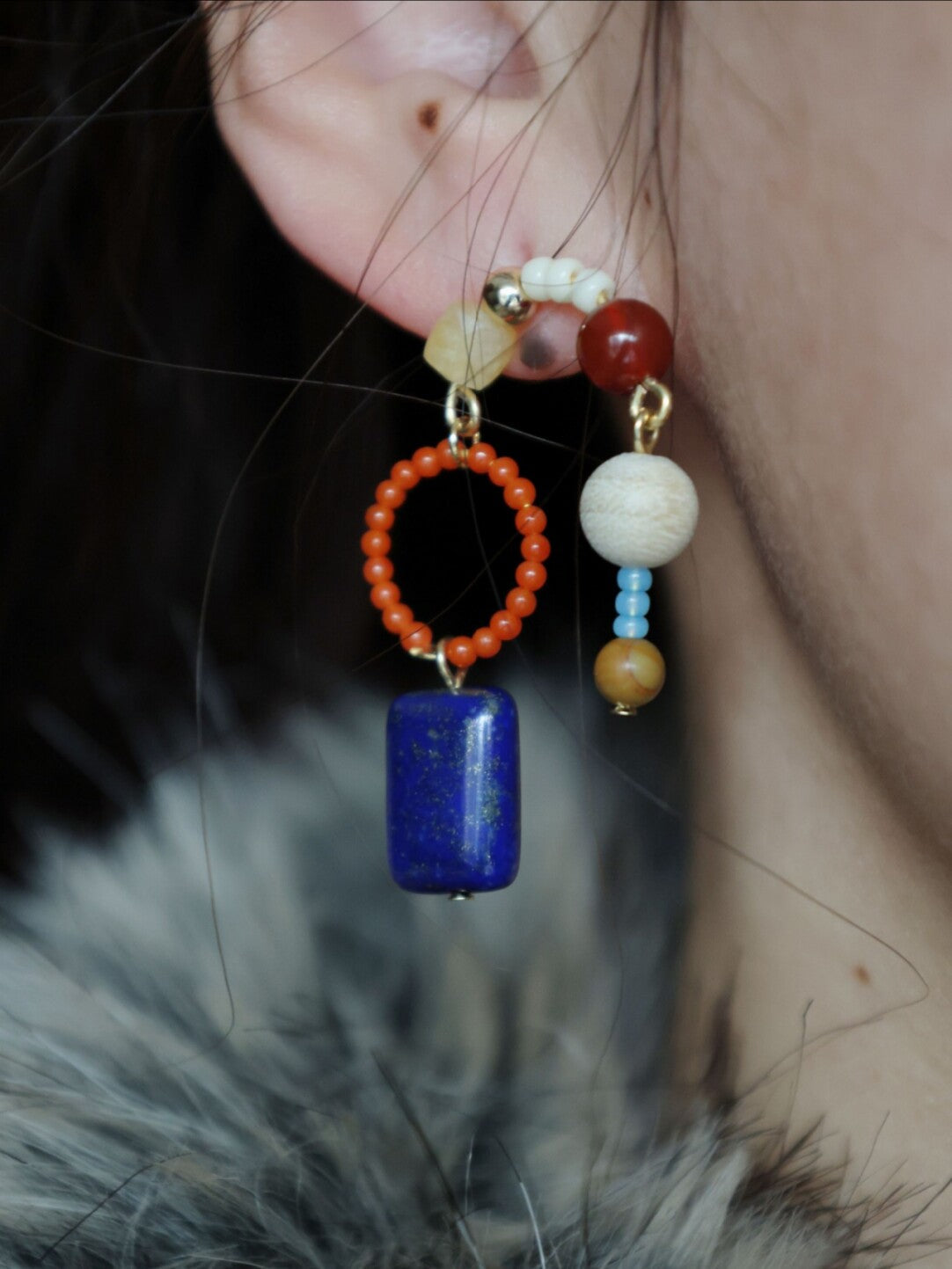 Red & Blue Asymmetrical Beaded Earrings