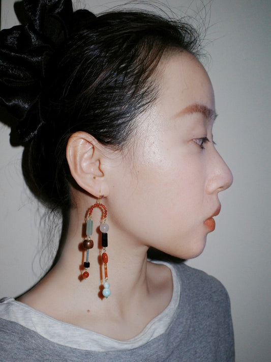 Natural Stone Beaded Asymmetrical Long Earrings