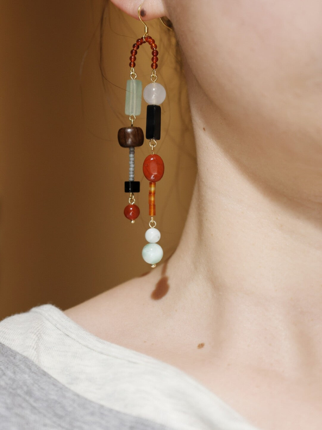 Natural Stone Beaded Asymmetrical Long Earrings