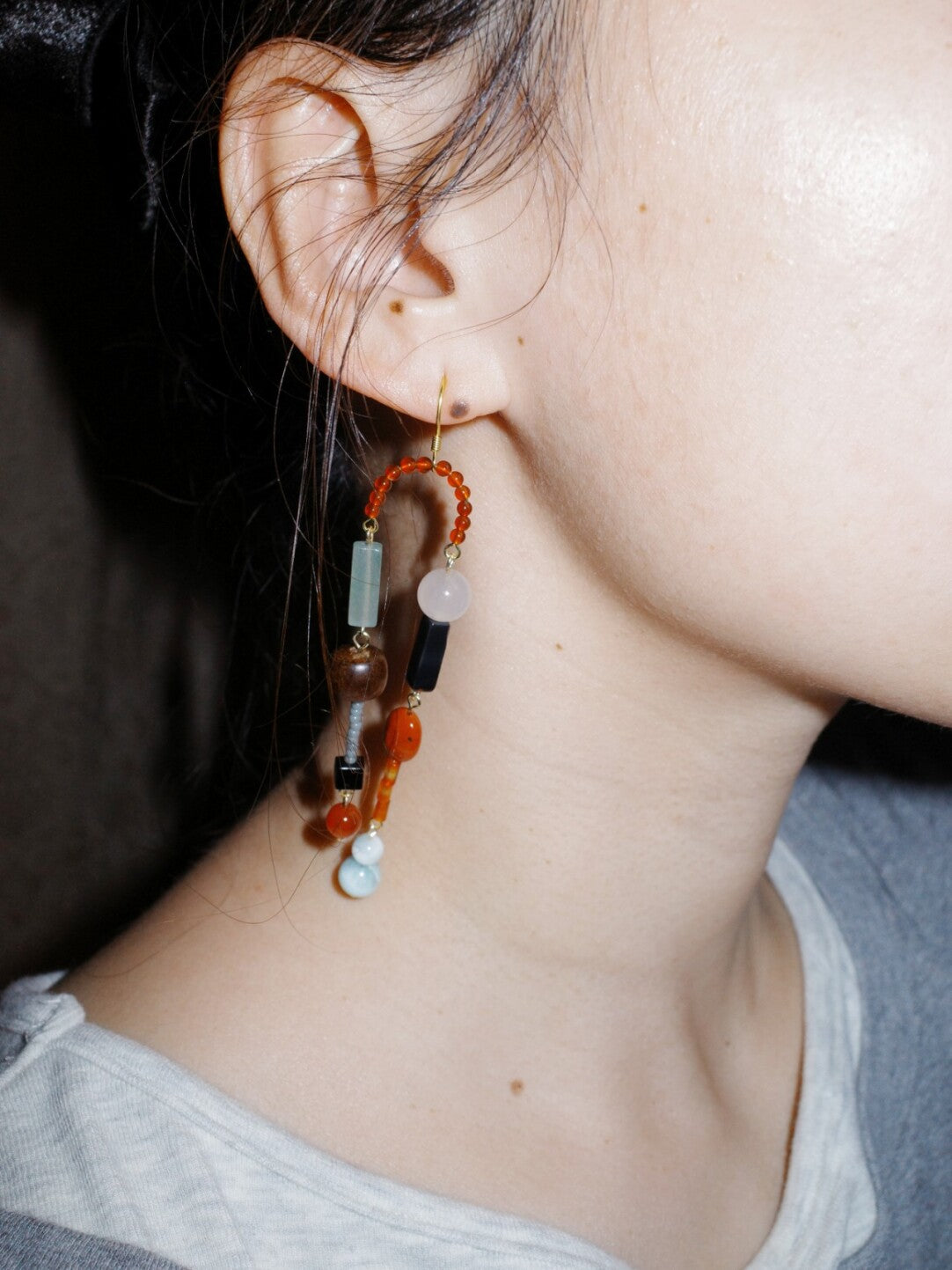 Natural Stone Beaded Asymmetrical Long Earrings