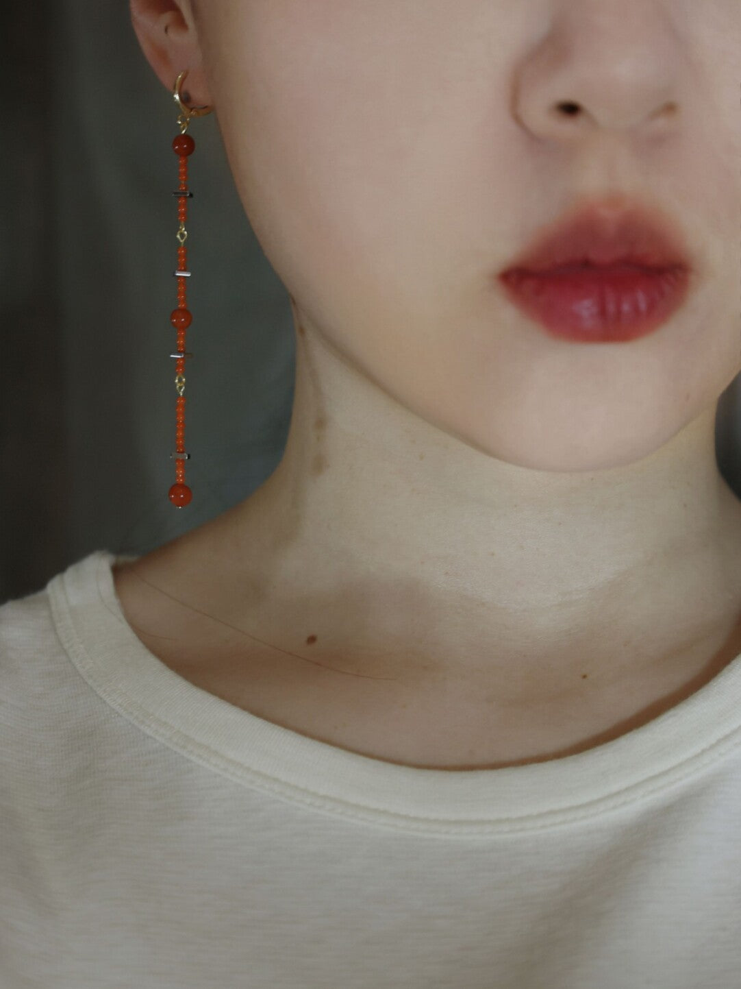 Handmade Red Agate Beaded Long Earrings