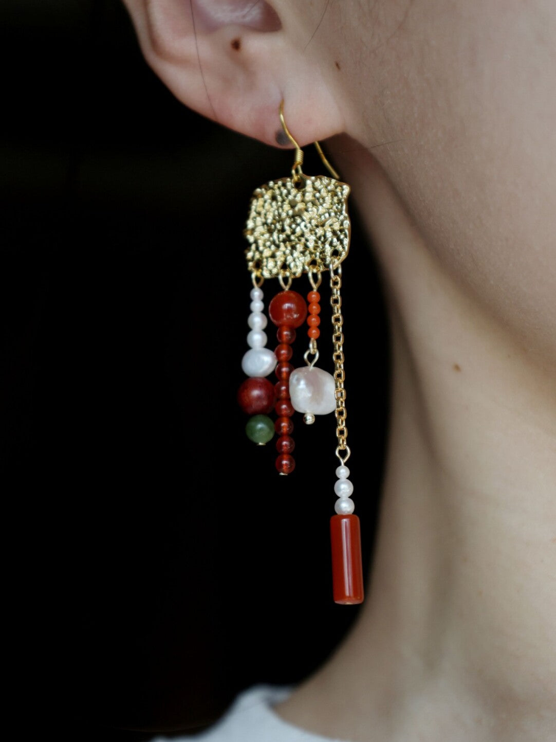 Red Agate Sandalwood Fringed Earrings