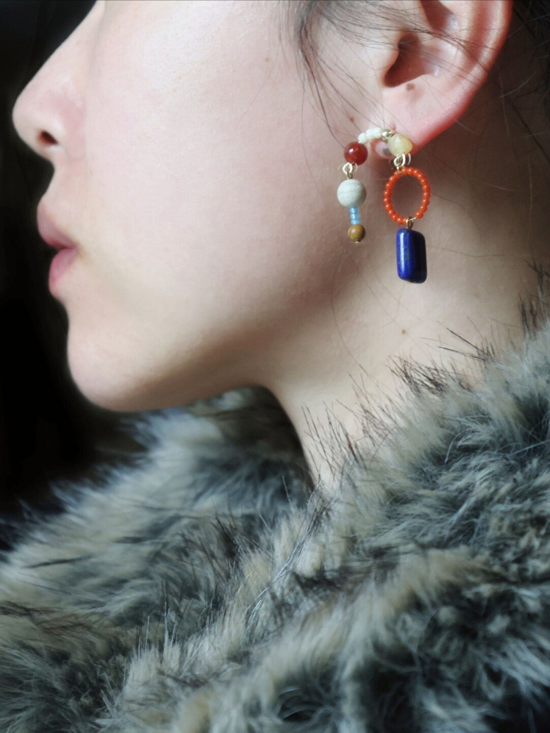 Red & Blue Asymmetrical Beaded Earrings