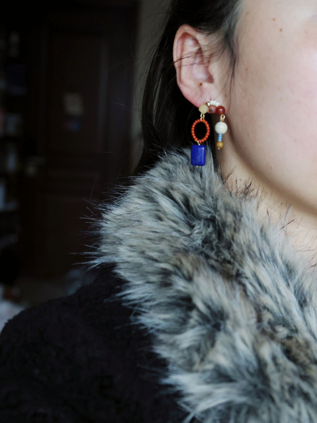 Red & Blue Asymmetrical Beaded Earrings