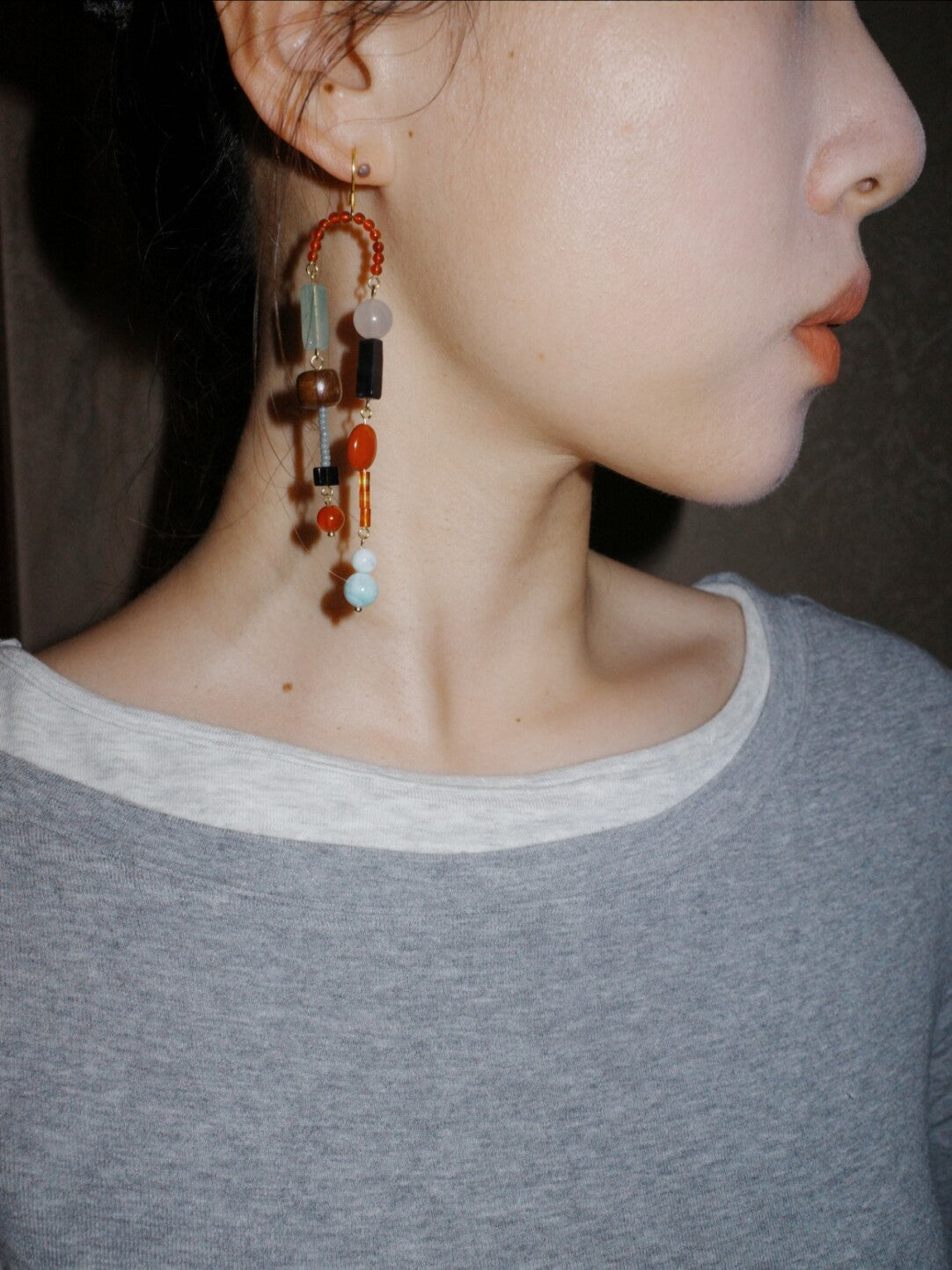 Natural Stone Beaded Asymmetrical Long Earrings