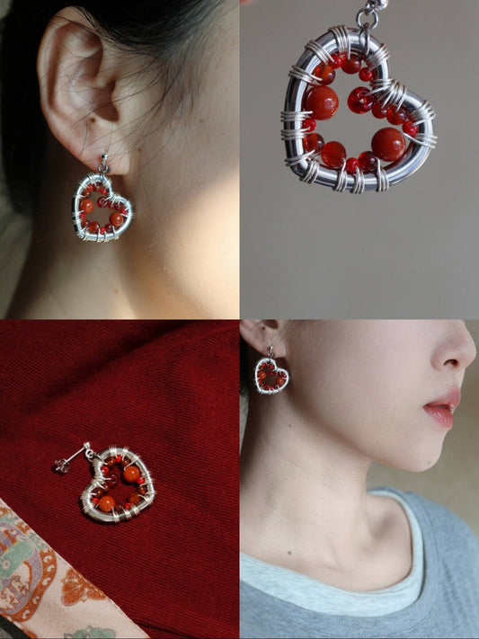 Red Agate Heart Winding Earrings