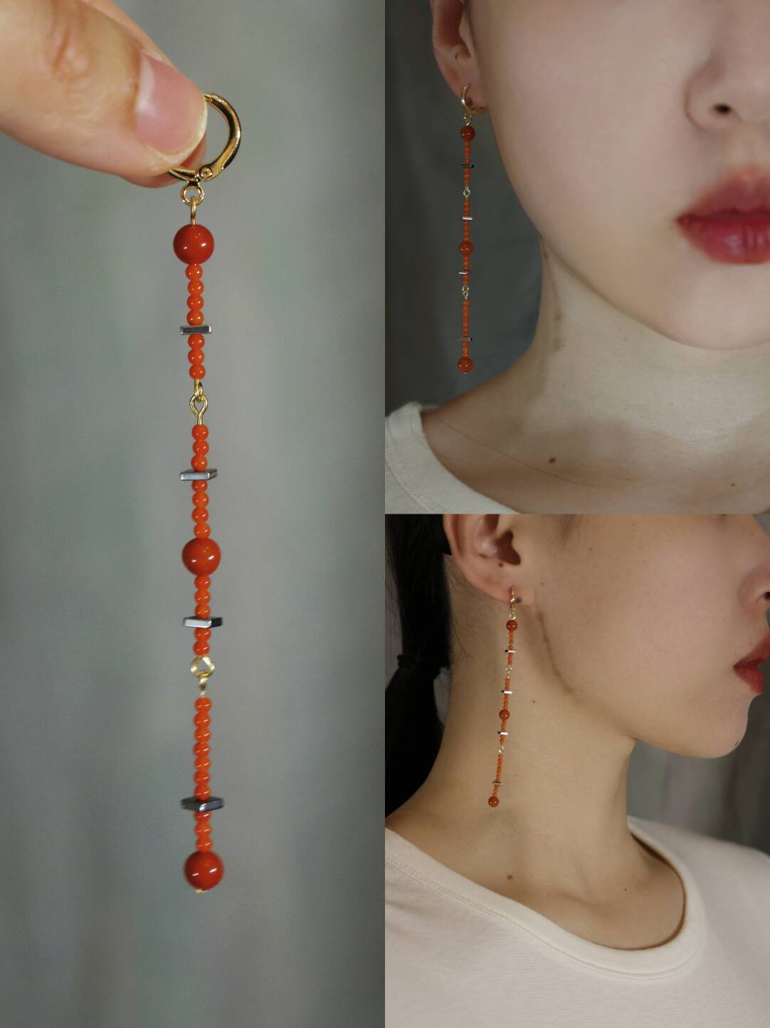 Handmade Red Agate Beaded Long Earrings