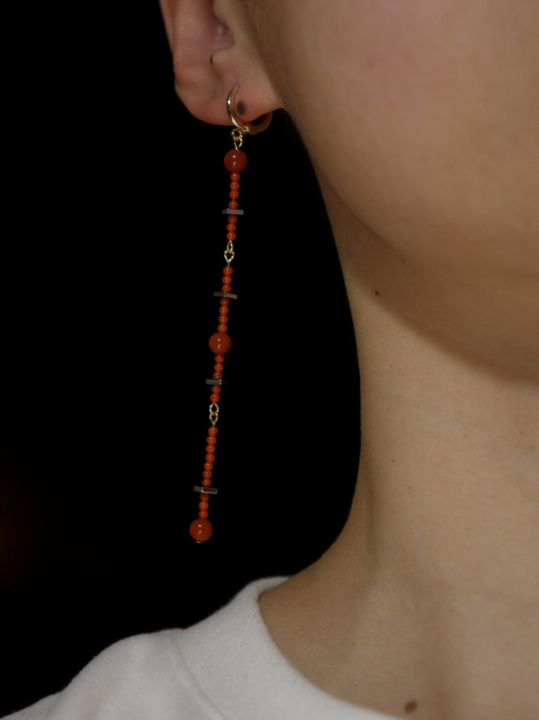 Handmade Red Agate Beaded Long Earrings