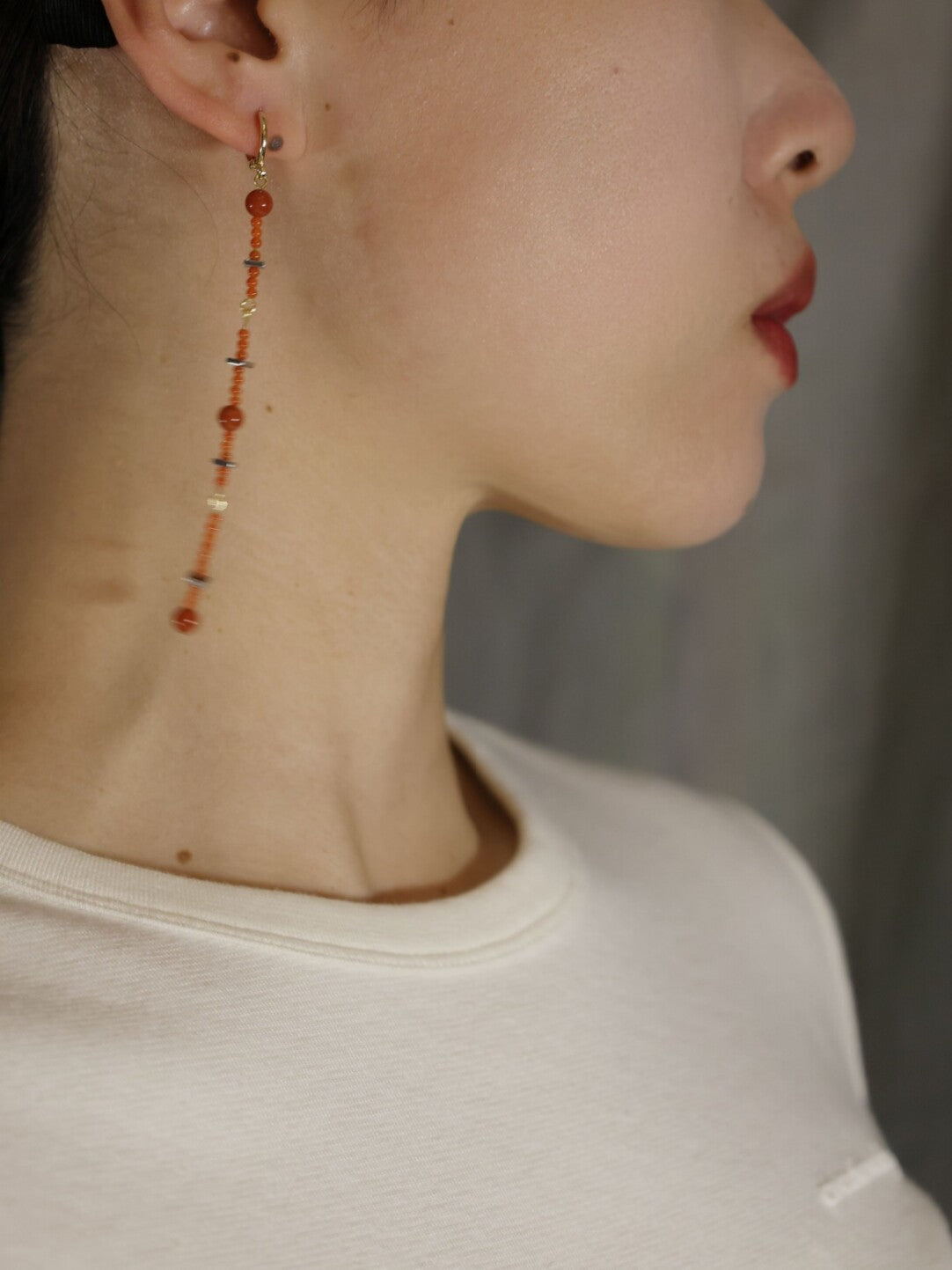 Handmade Red Agate Beaded Long Earrings