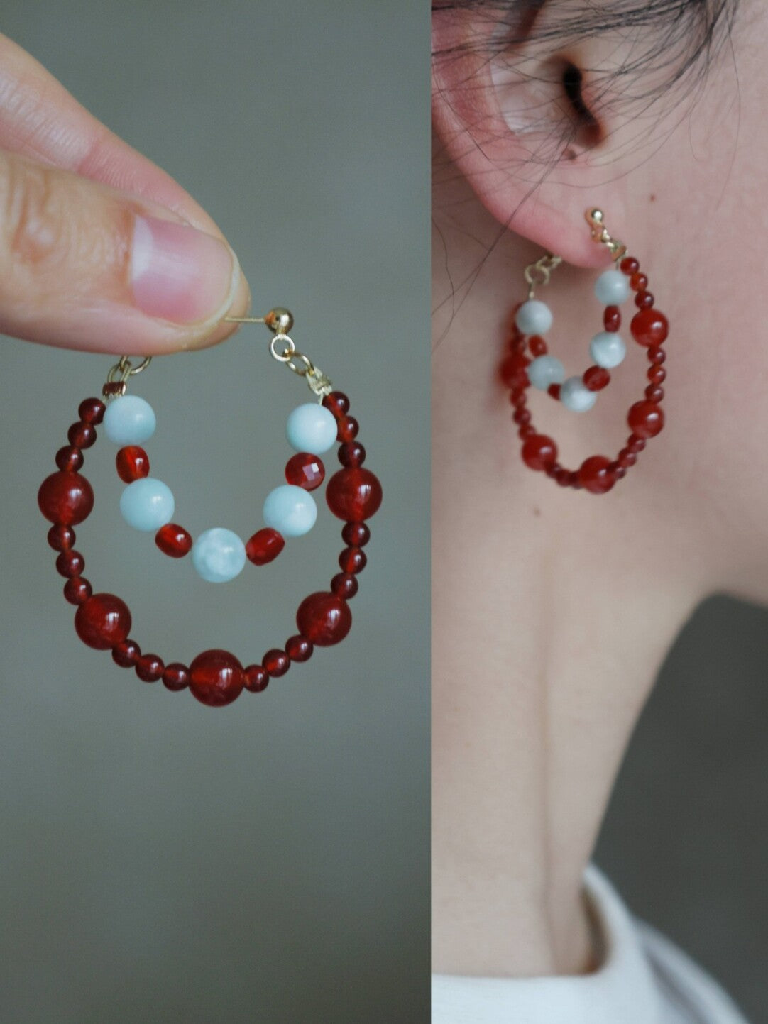 Red Agate Angelite Hoop Earrings