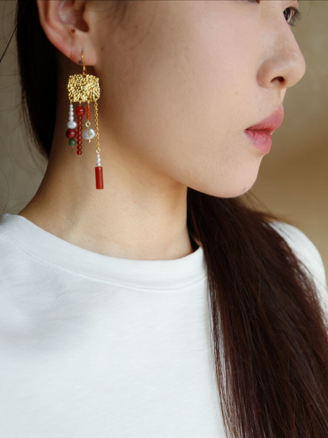 Red Agate Sandalwood Fringed Earrings