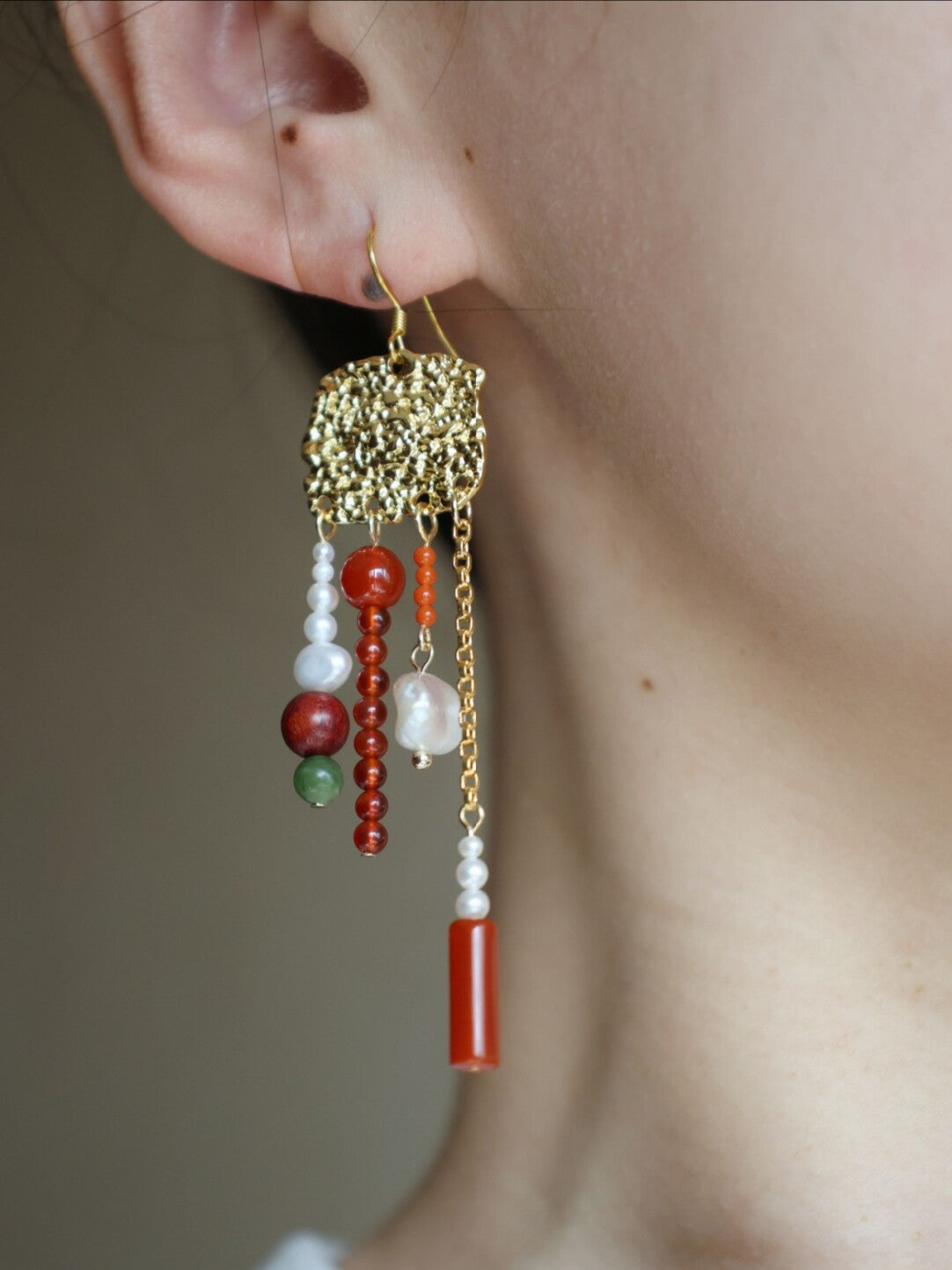 Red Agate Sandalwood Fringed Earrings