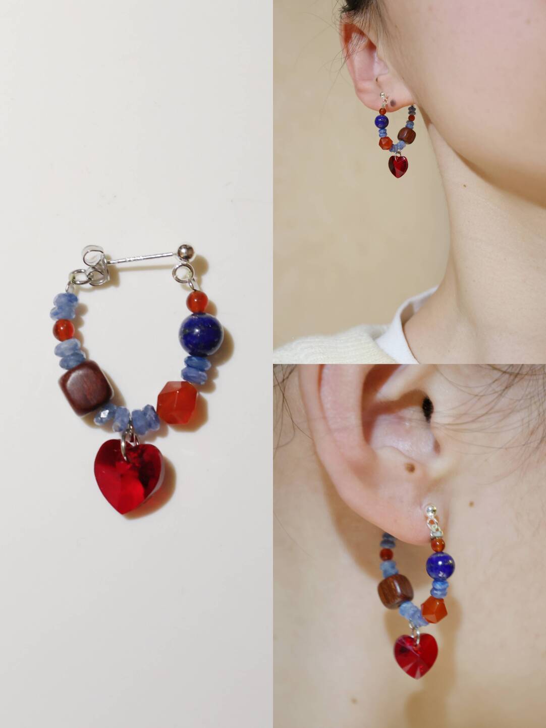 Red Agate Lapis Lazuli Heart Beaded Earrings
