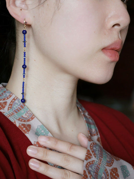 Handmade Lapis Lazuli Beaded Long Earrings