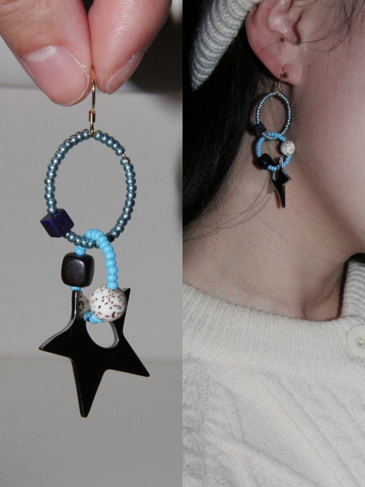Blue Glass Bodhi Seeds Beaded Star Earrings