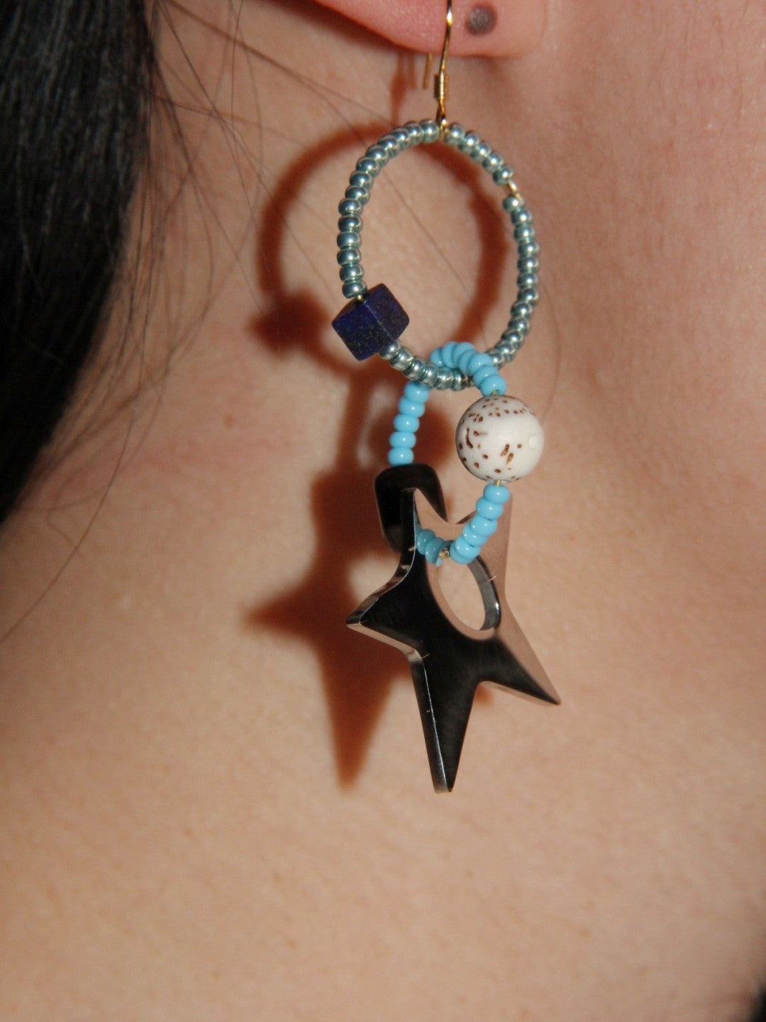 Blue Glass Bodhi Seeds Beaded Star Earrings