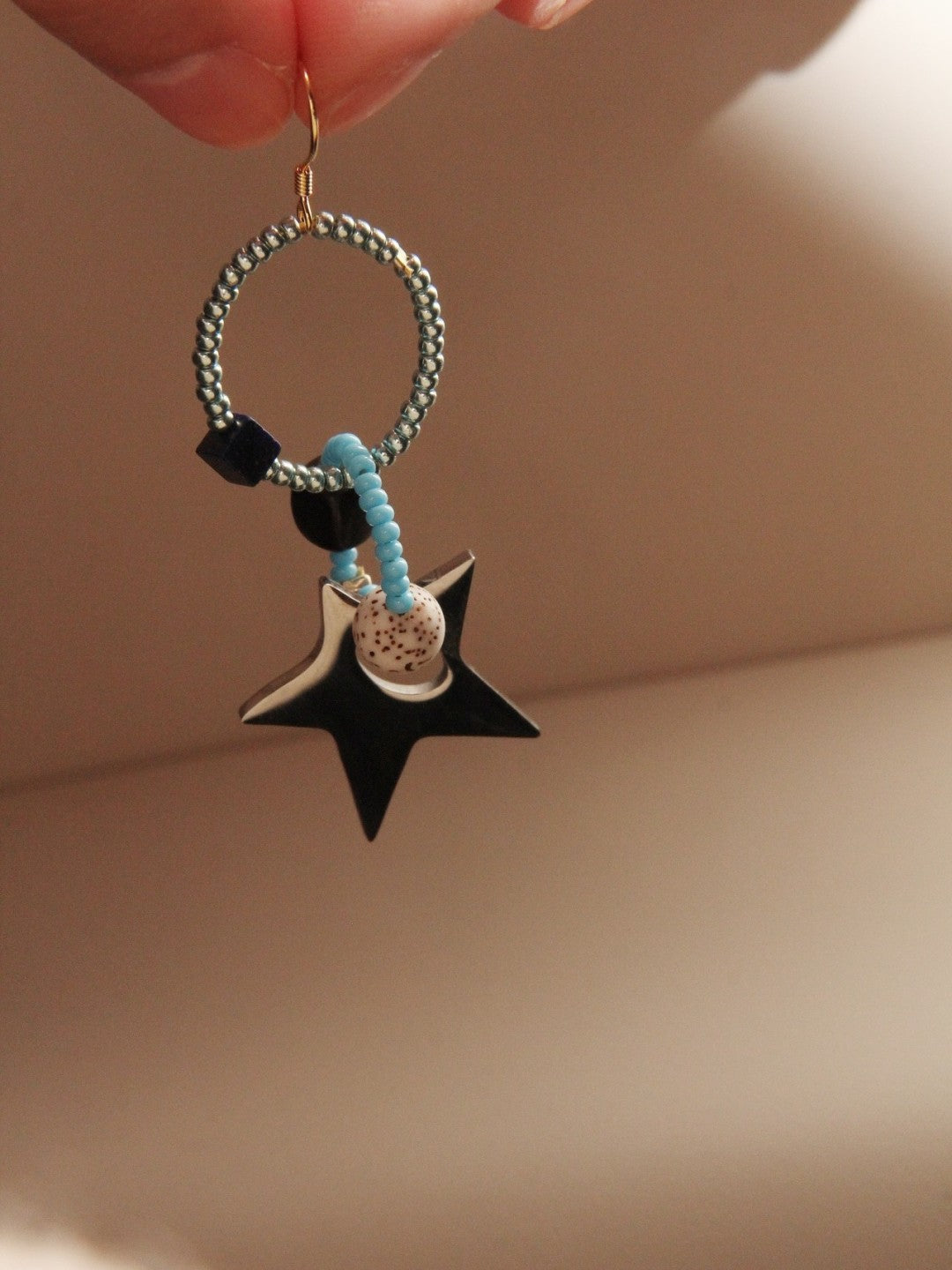 Blue Glass Bodhi Seeds Beaded Star Earrings