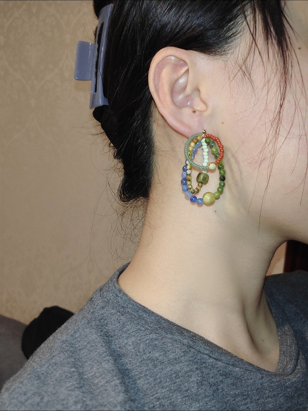 Colored Natural Stone Rainbow Beaded Earrings