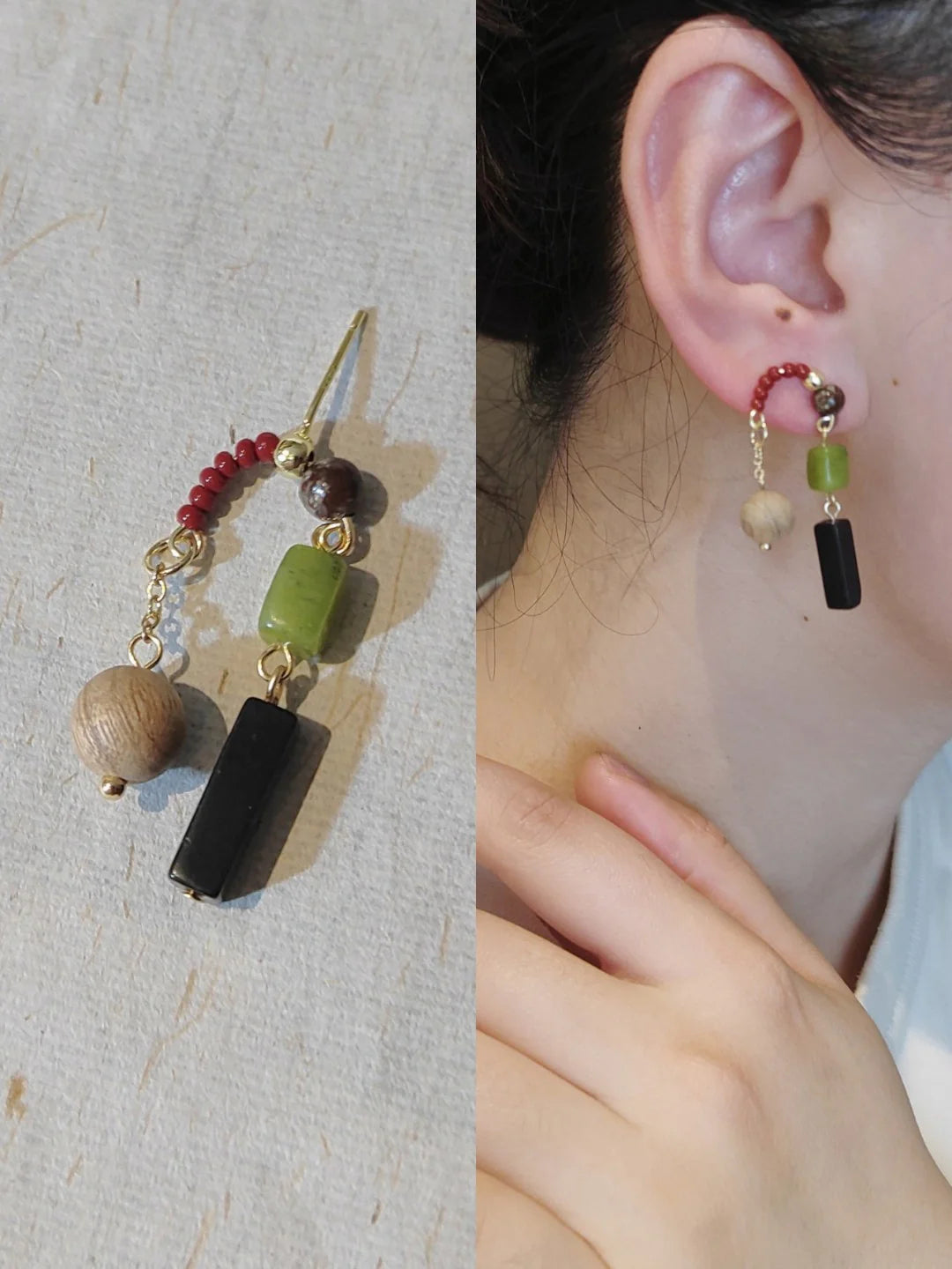 Natural Jade Black Agate Wood E Beaded Earrings