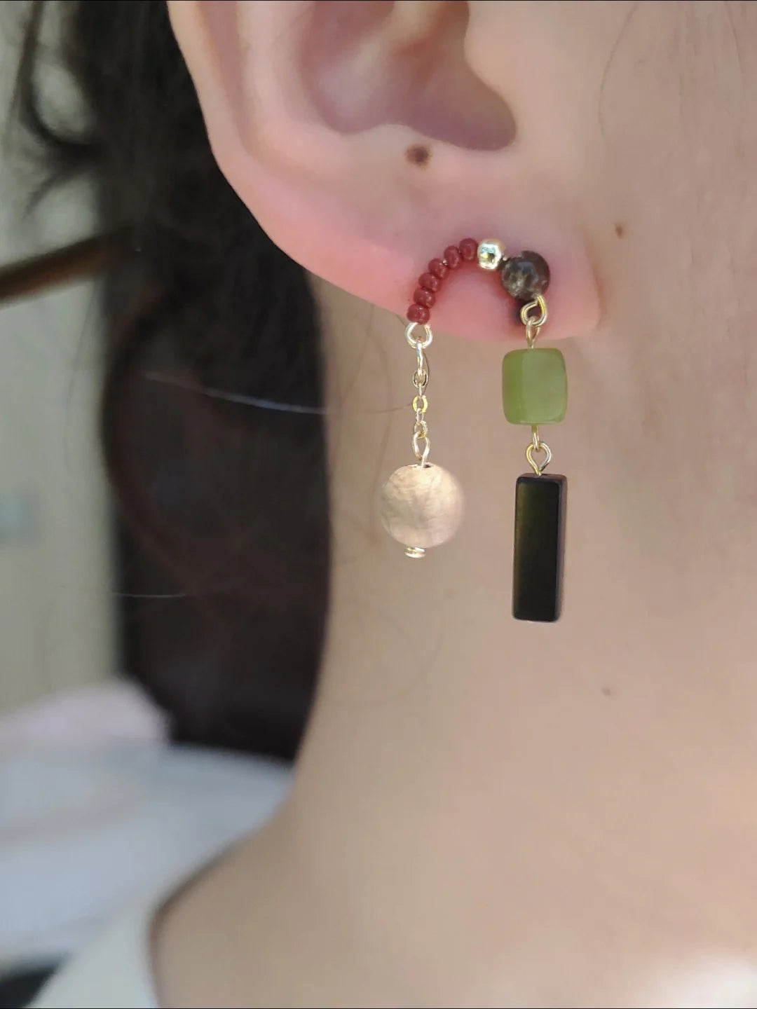 Natural Jade Black Agate Wood E Beaded Earrings