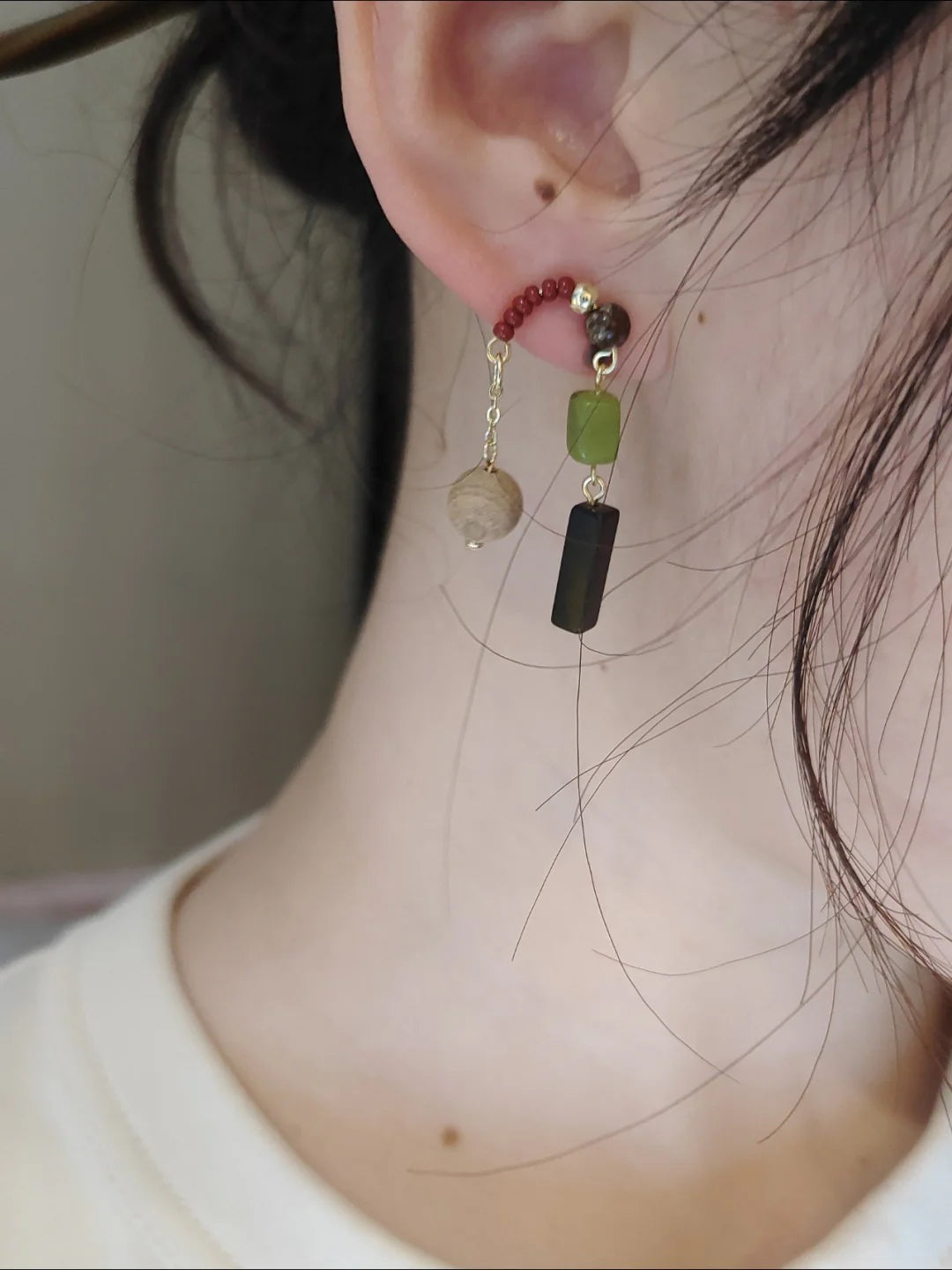 Natural Jade Black Agate Wood E Beaded Earrings