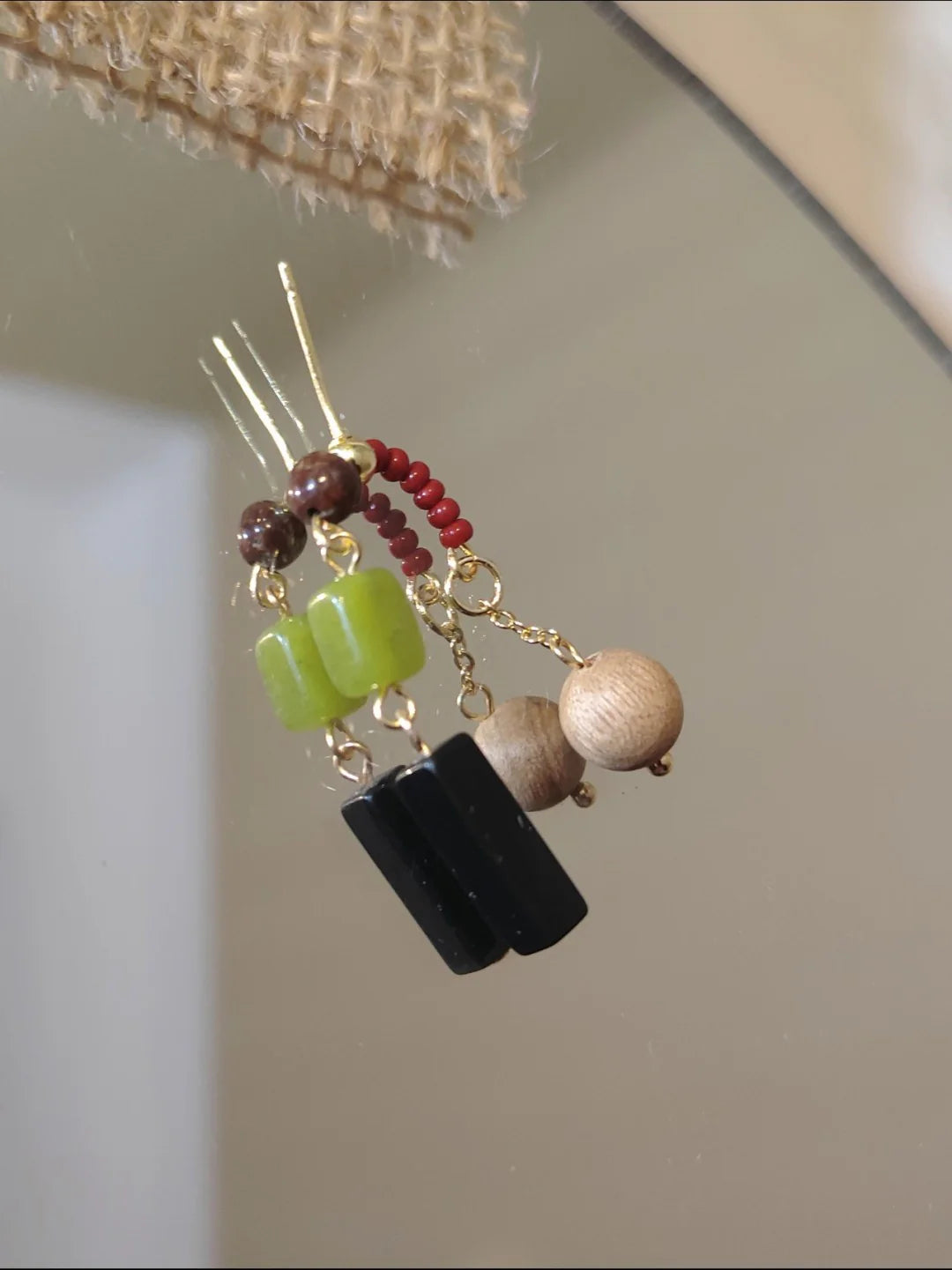 Natural Jade Black Agate Wood E Beaded Earrings