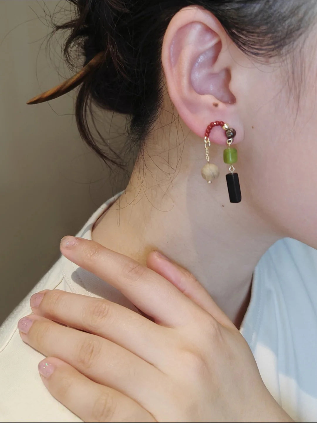 Natural Jade Black Agate Wood E Beaded Earrings
