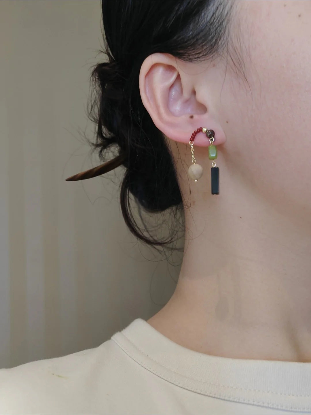 Natural Jade Black Agate Wood E Beaded Earrings