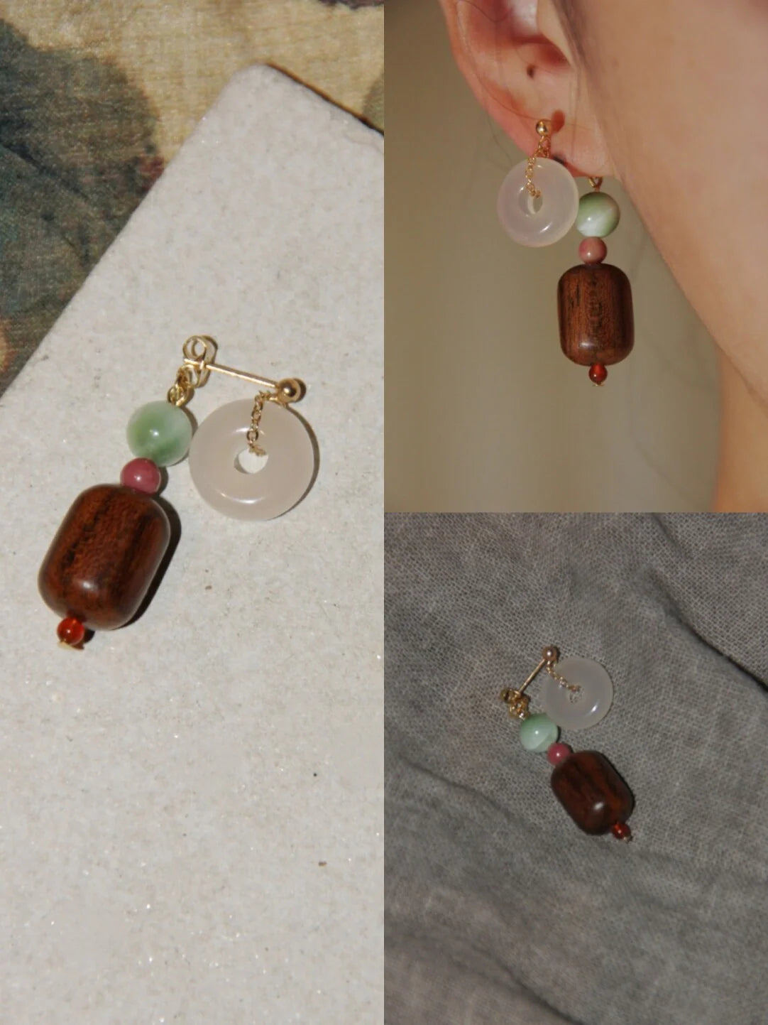 Peace Buckle Jade Wooden Beaded Earrings