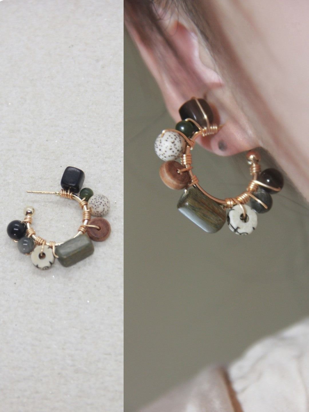 Black Onyx Bodhi Seeds Hoop Earrings