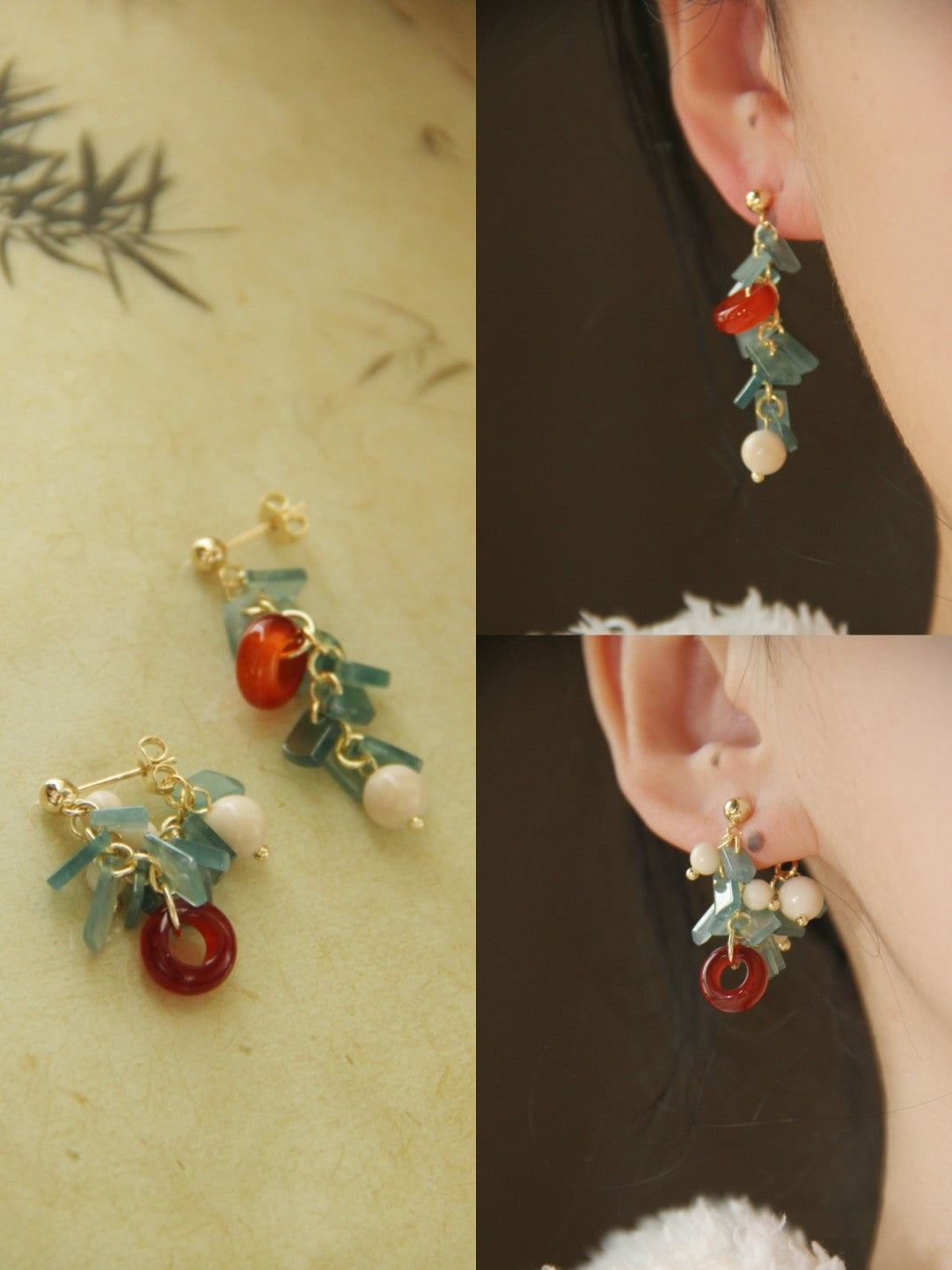Natural Jade Agate Bamboo Earrings