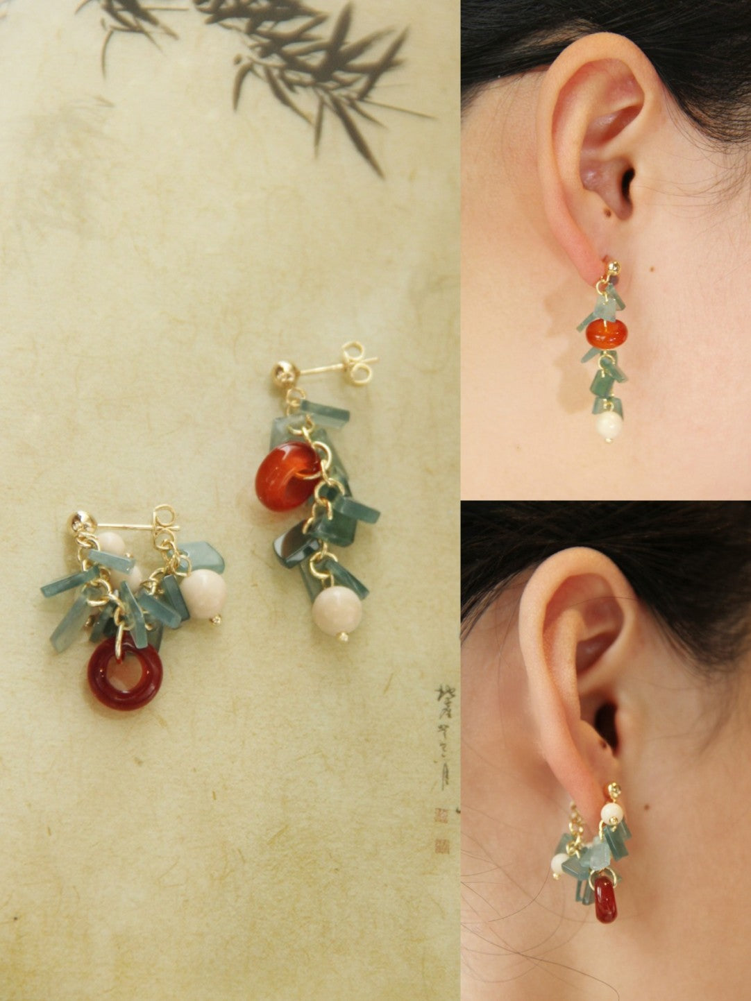 Natural Jade Agate Bamboo Earrings