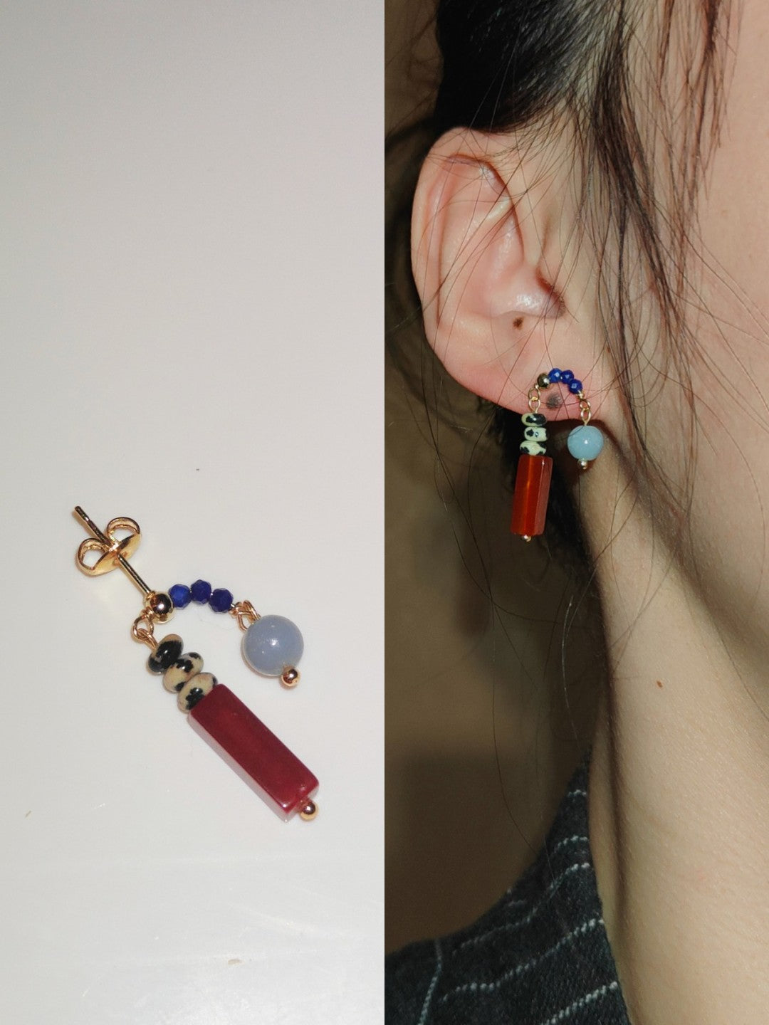 Red & Blue Natural Stone Asymmetric Earrings
