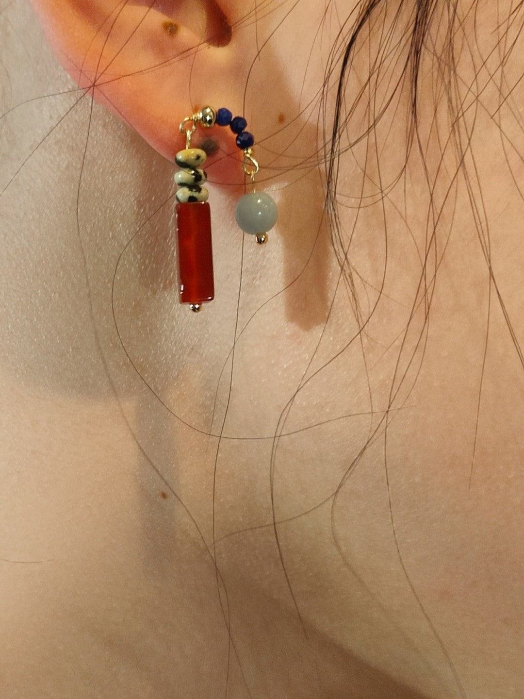 Red & Blue Natural Stone Asymmetric Earrings