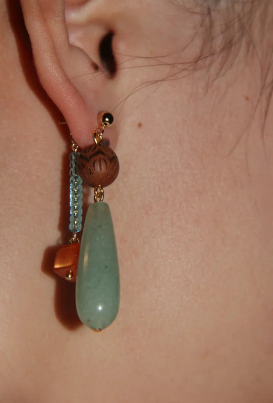 Natural Jade Wood Beaded Asymmetry Drop Earrings