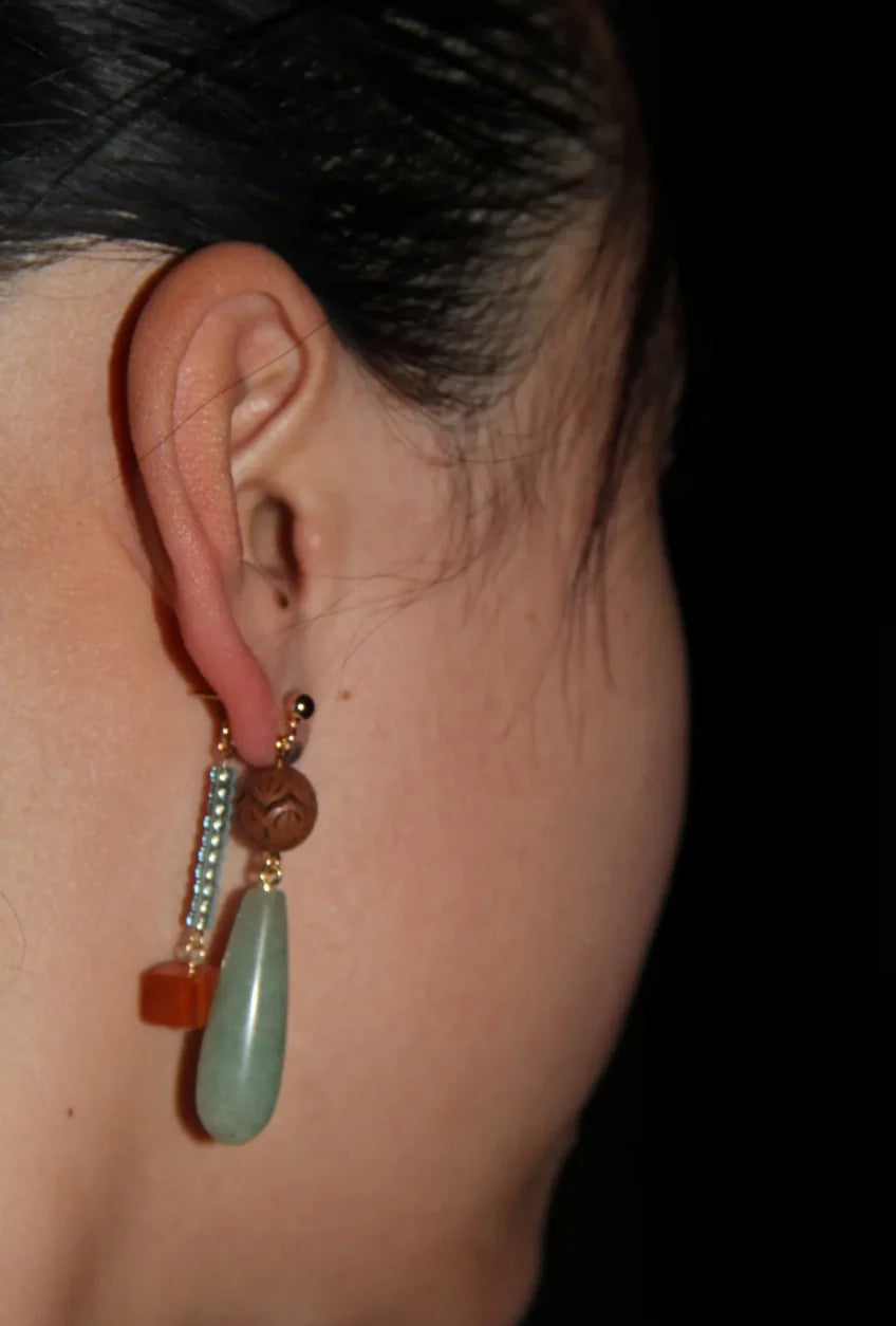 Natural Jade Wood Beaded Asymmetry Drop Earrings
