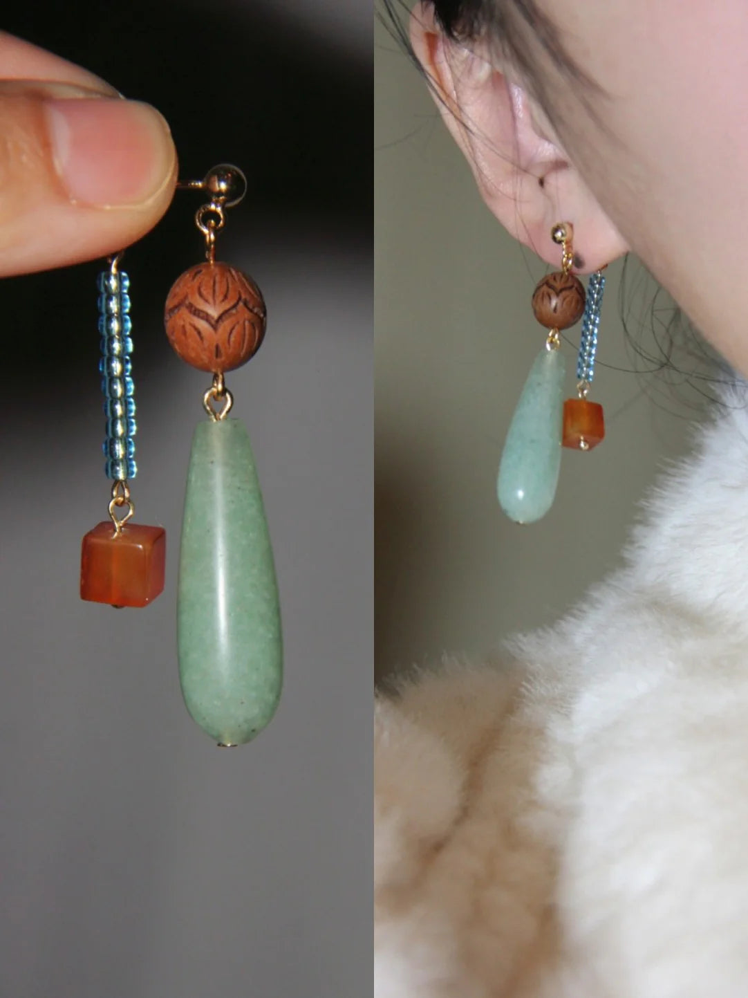 Natural Jade Wood Beaded Asymmetry Drop Earrings