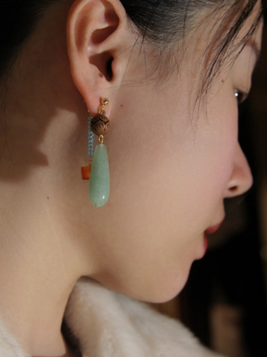 Natural Jade Wood Beaded Asymmetry Drop Earrings