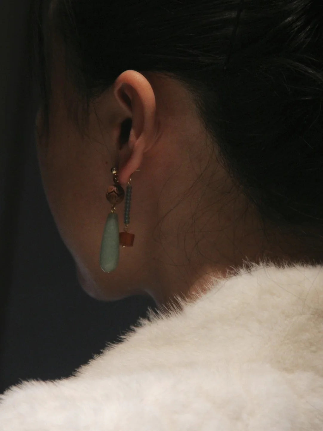 Natural Jade Wood Beaded Asymmetry Drop Earrings