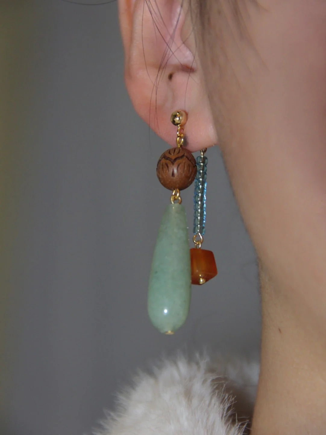 Natural Jade Wood Beaded Asymmetry Drop Earrings