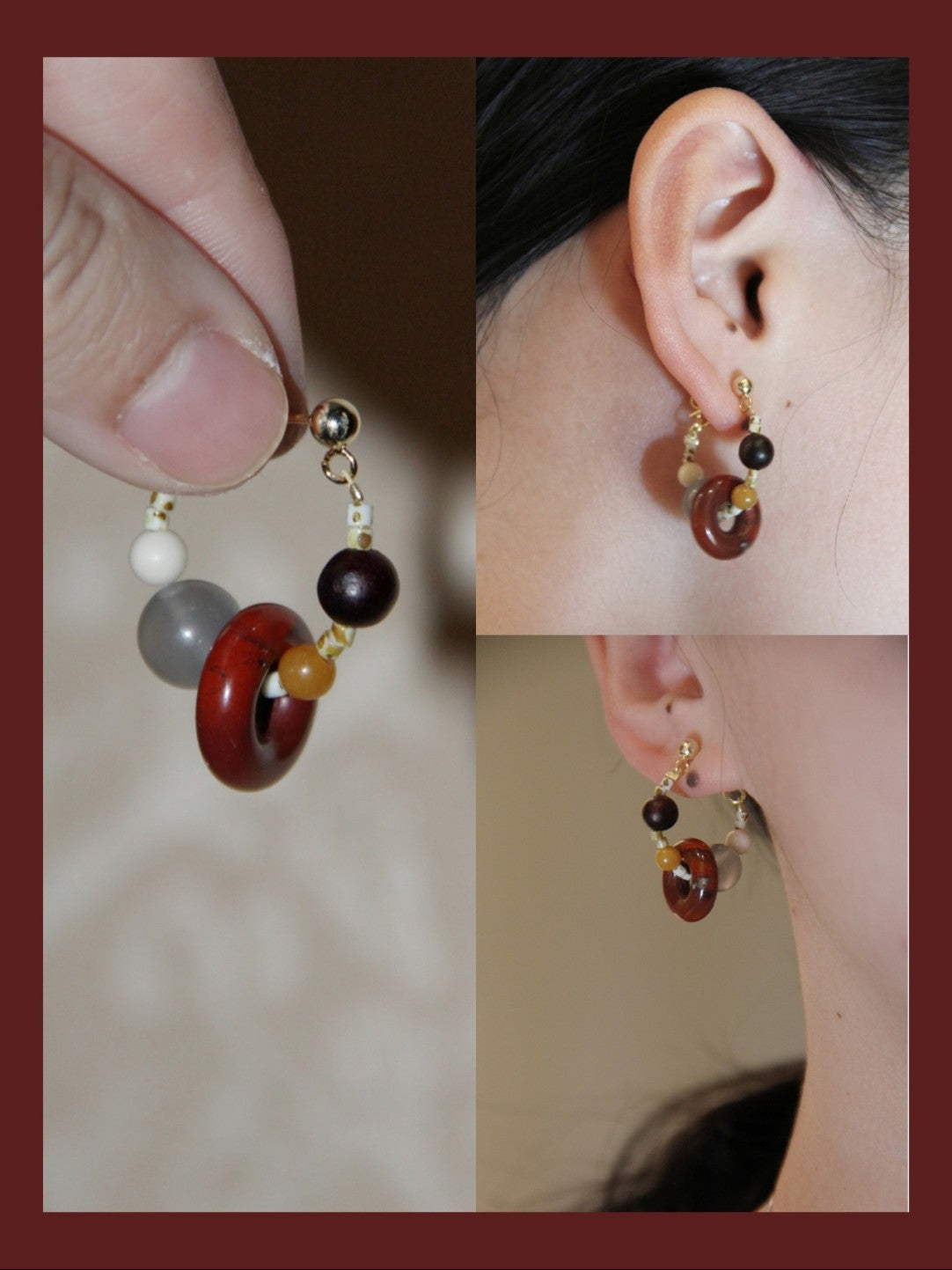 Natural Jade Sandalwood Beaded Hoop Earrings
