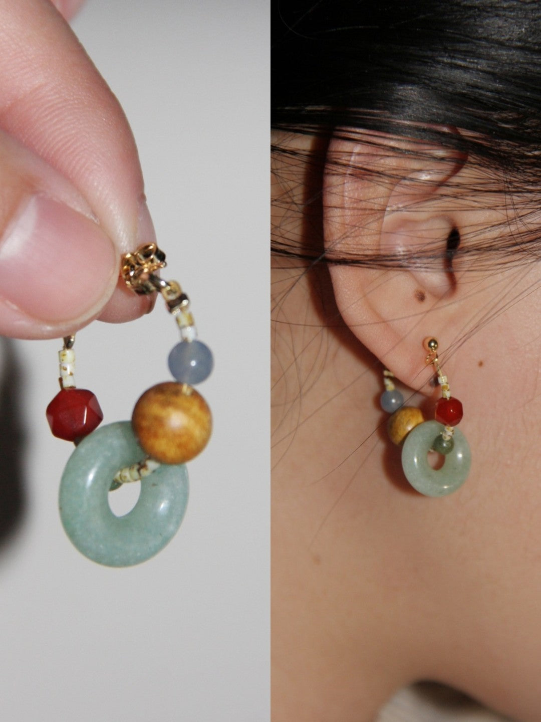 Peace Buckle Jade Beaded Hoop Earrings