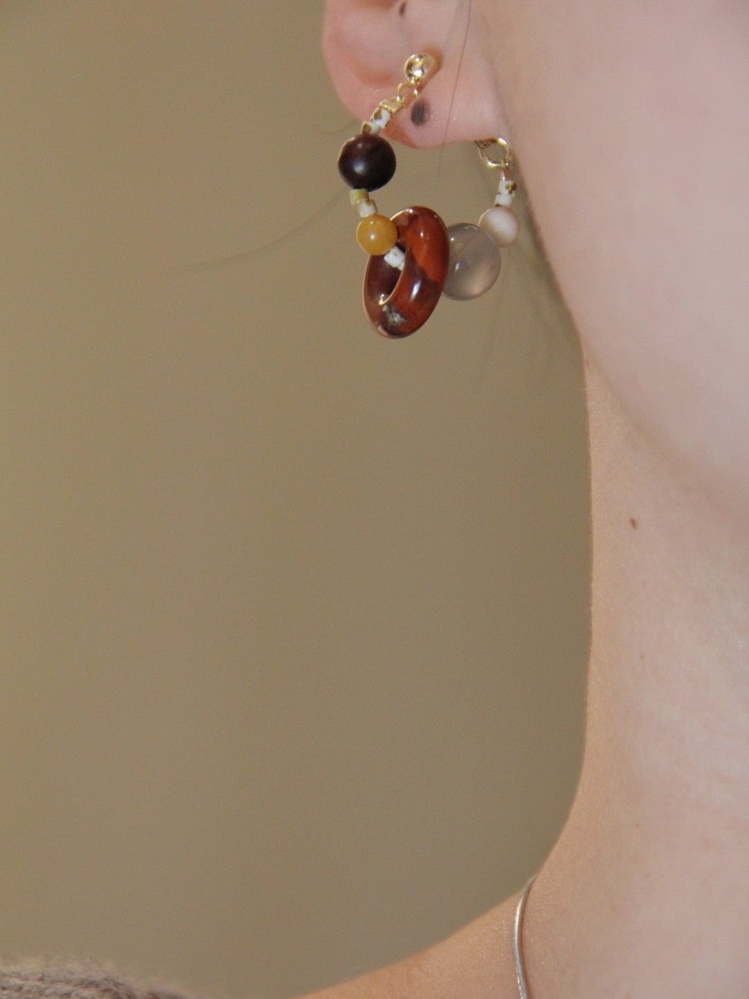 Natural Jade Sandalwood Beaded Hoop Earrings