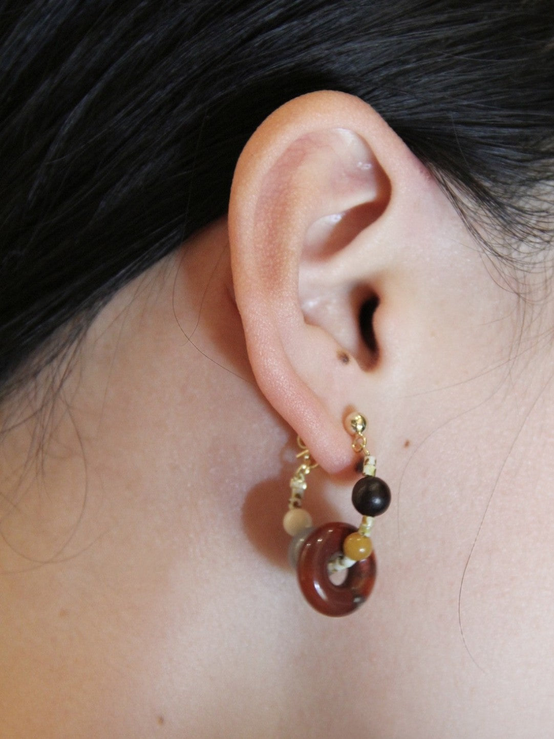 Natural Jade Sandalwood Beaded Hoop Earrings